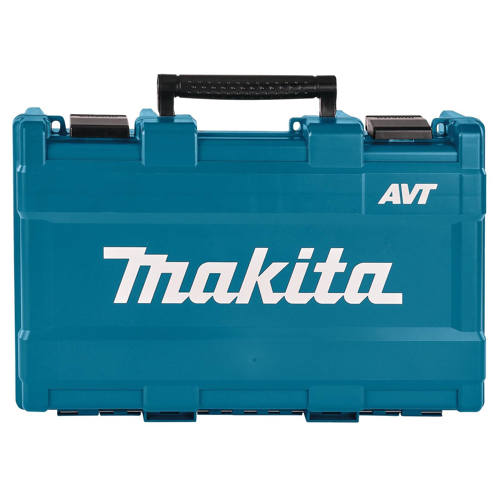 Ein blauer Makita Werkzeugkoffer mit prominent auf der Vorderseite angebrachten 'Makita' und 'AVT' Logos, ausgestattet mit einem schwarzen Griff auf der Oberseite.