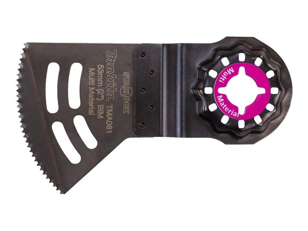 Schwarze oszillierende Multitool-Sägeblatt mit gezahnter Kante, geschlitztem Körper und violetter Mittelbefestigung auf weißem Hintergrund.