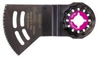 Oszillierendes Multitool-Sägeblatt mit gekrümmter Schneidkante und rosa Schnellwechselhalterung auf weißem Hintergrund.
