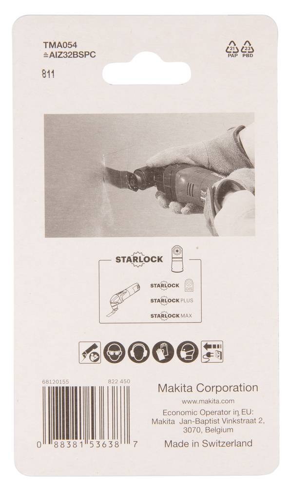 Verpackung für Makita Starlock-Zubehör, das ein tragbares Elektrowerkzeug mit Klinge und Produktkompatibilitätssymbolen, Strichcode und Herstellerangaben zeigt.