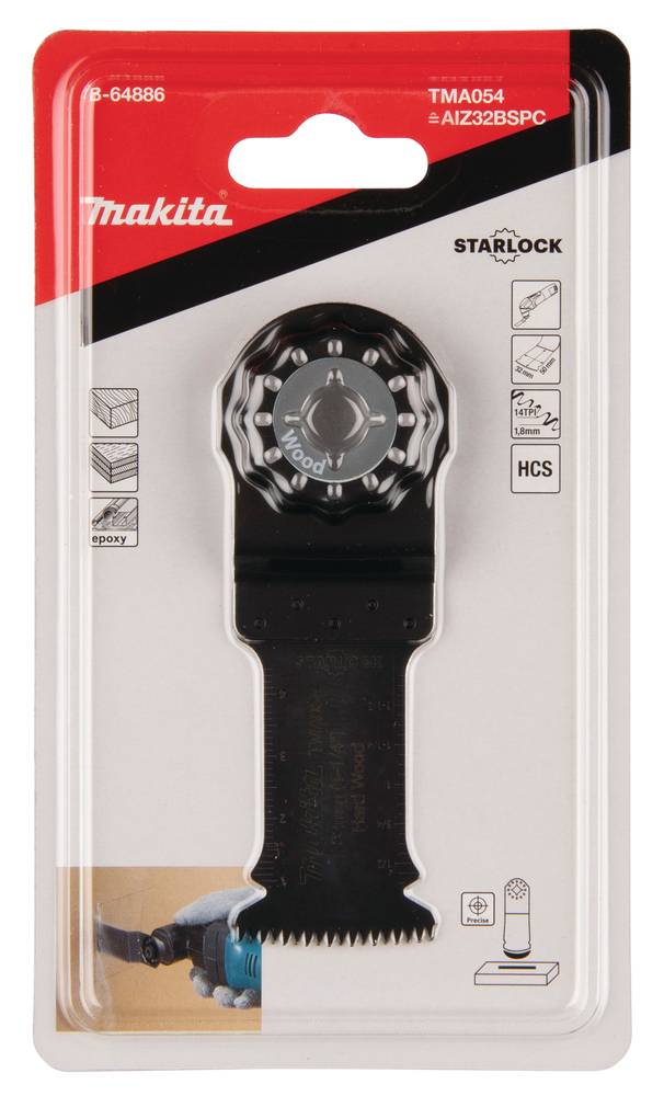 Verpacktes Makita Starlock-Oszillationssägeblatt-Zubehör mit schwarzem und silbernem Blatt mit der Beschriftung 