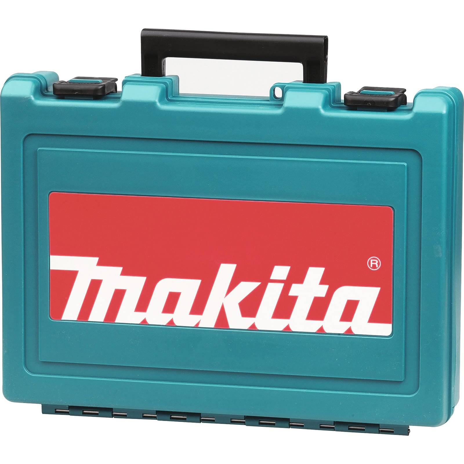 Ein türkisfarbener Makita Werkzeugkoffer mit einem schwarzen Griff, auf dem vorne ein großes rotes und weißes Makita Logo prominent platziert ist.