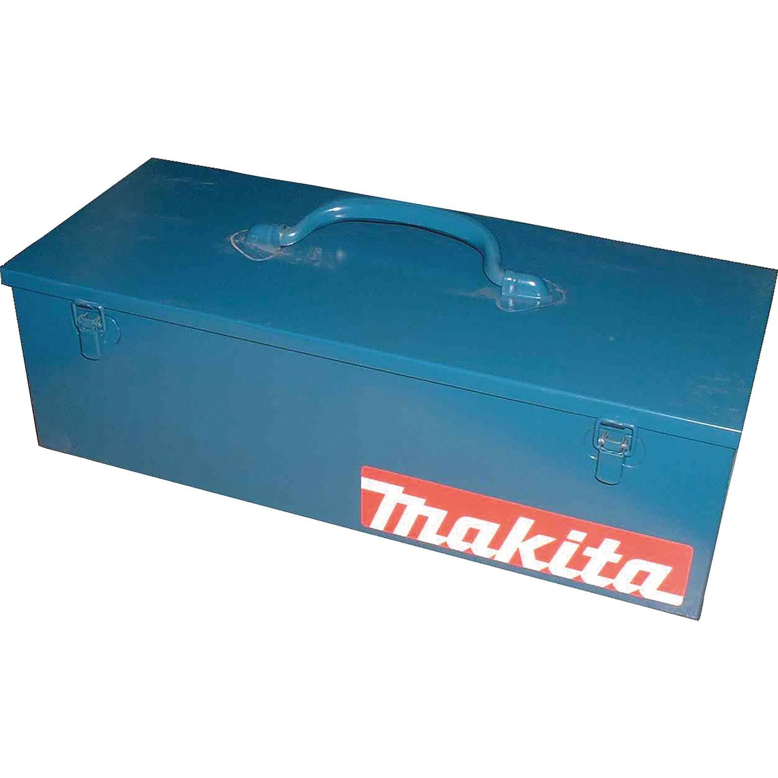 Blauer Makita-Werkzeugkoffer mit Griff und Verschlüssen, mit dem Makita-Logo in Rot und Weiß an der Seite.