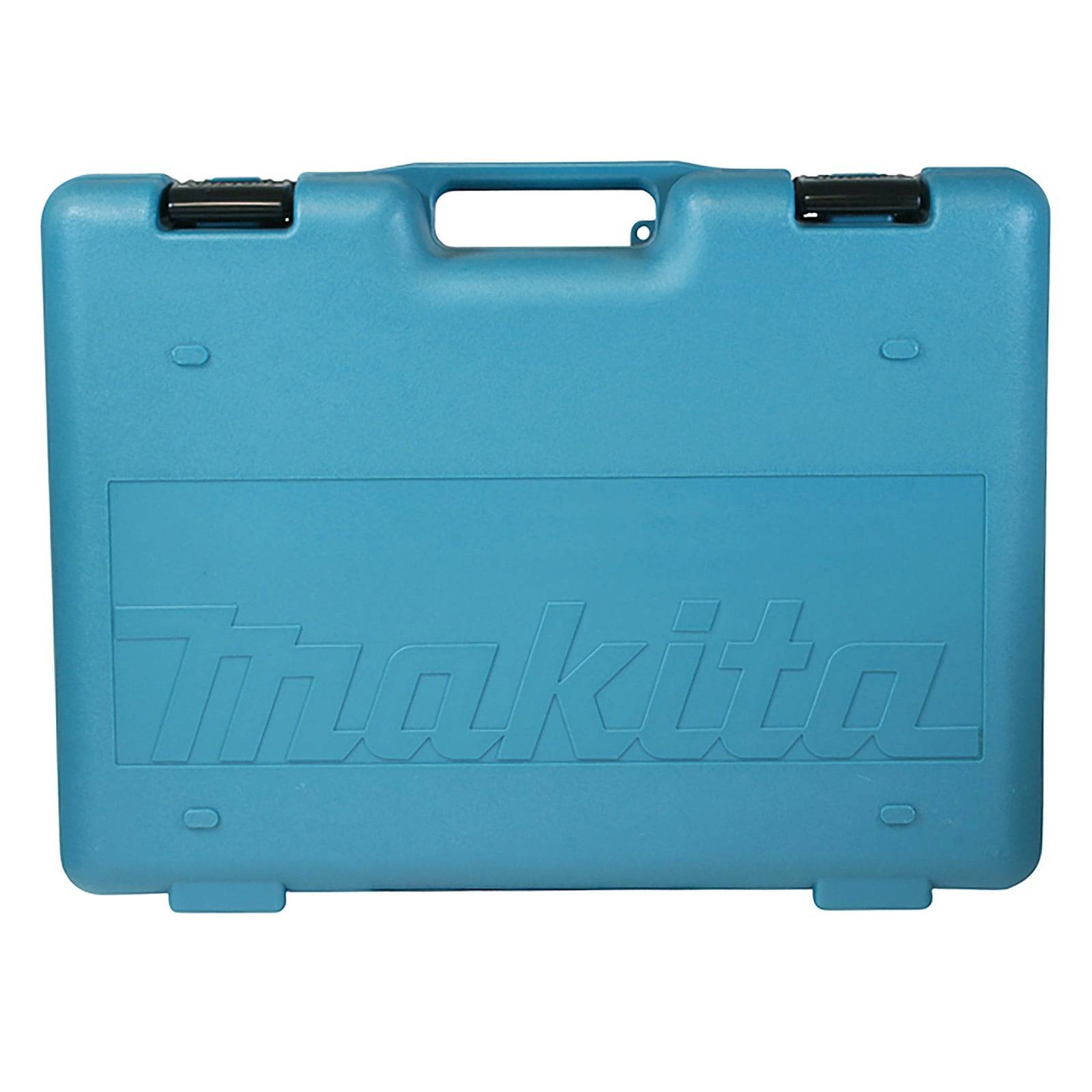 Ein blauer Makita-Transportkoffer mit einem Griff und zwei schwarzen Verschlüssen oben.