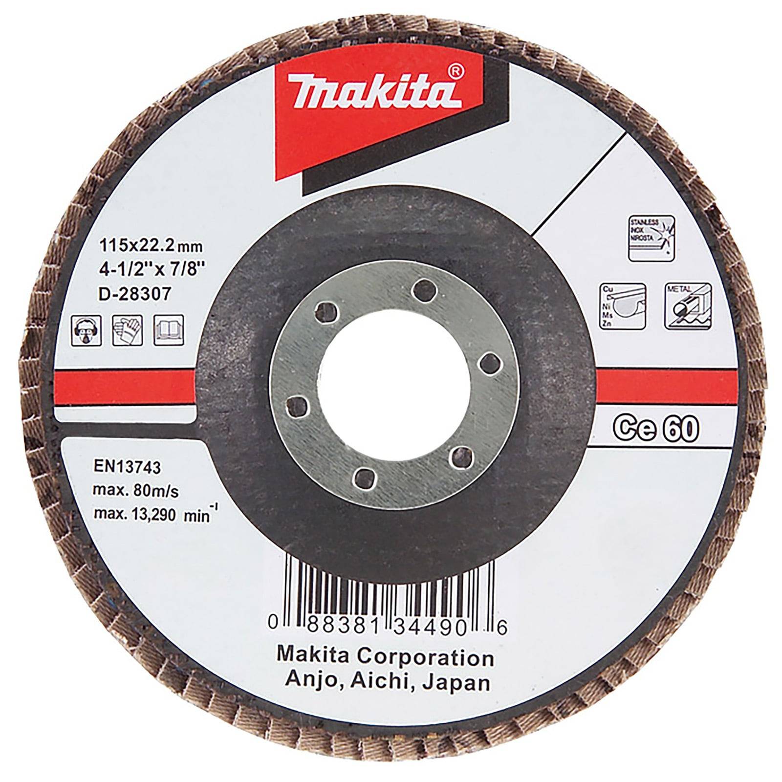 Schleiftrennscheibe mit Makita-Logo, Größe 115x22,2 mm, für Metallbearbeitung, maximale Geschwindigkeit 80 m/s, hergestellt von Makita Corporation, Japan.