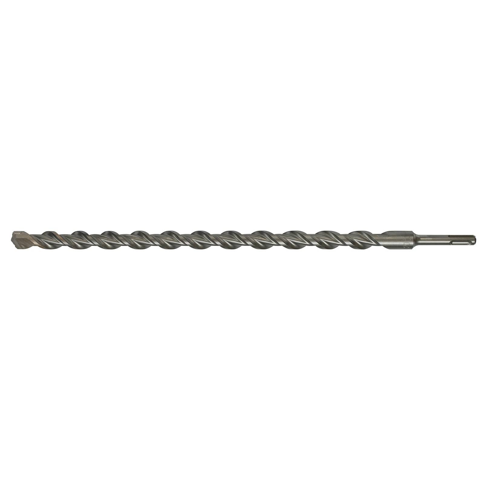 Ein Metallbohrer mit einer Spiralgeometrie zum Bohren, von der Seite gegen einen weißen Hintergrund gesehen.