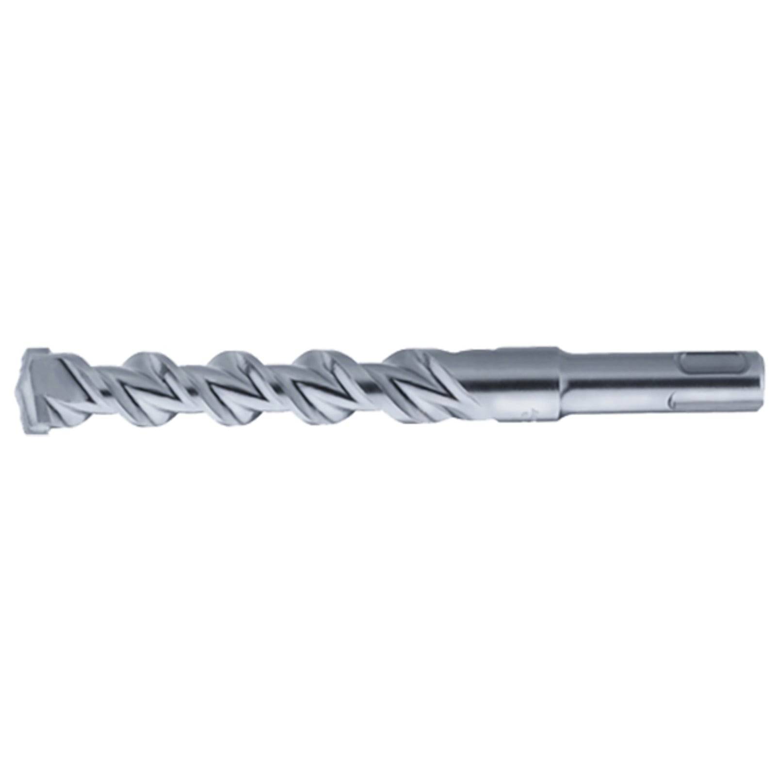 Eine Nahaufnahme eines Metallbohrers mit einer spiralförmigen Spitze und einer zylindrischen Basis, wahrscheinlich für Mauerwerks- oder Betonbohrungen verwendet.