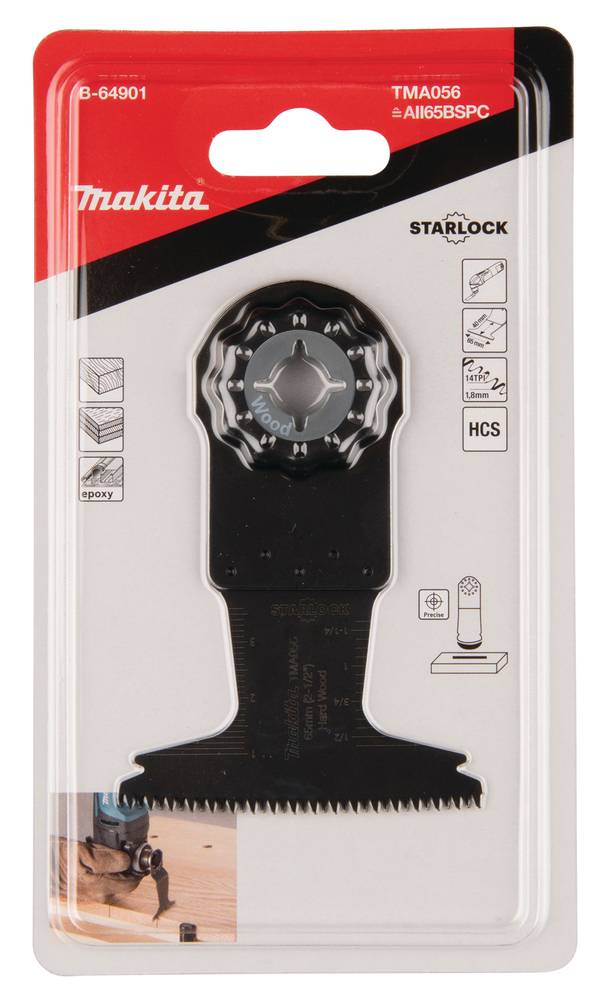 Makita STARLOCK Oszillations-Sägeblatt in Einzelhandels-Blisterverpackung, mit Produktmodell und HCS-Kompatibilität auf dem Etikett dargestellt.