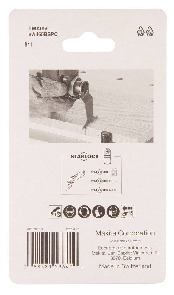 Makita Blisterpackung für ein Starlock-Oszillationswerkzeugblatt, zeigt Blatt beim Schneiden von Holz, Produktcode TMA056 und Barcode mit Makita Corporation-Details.