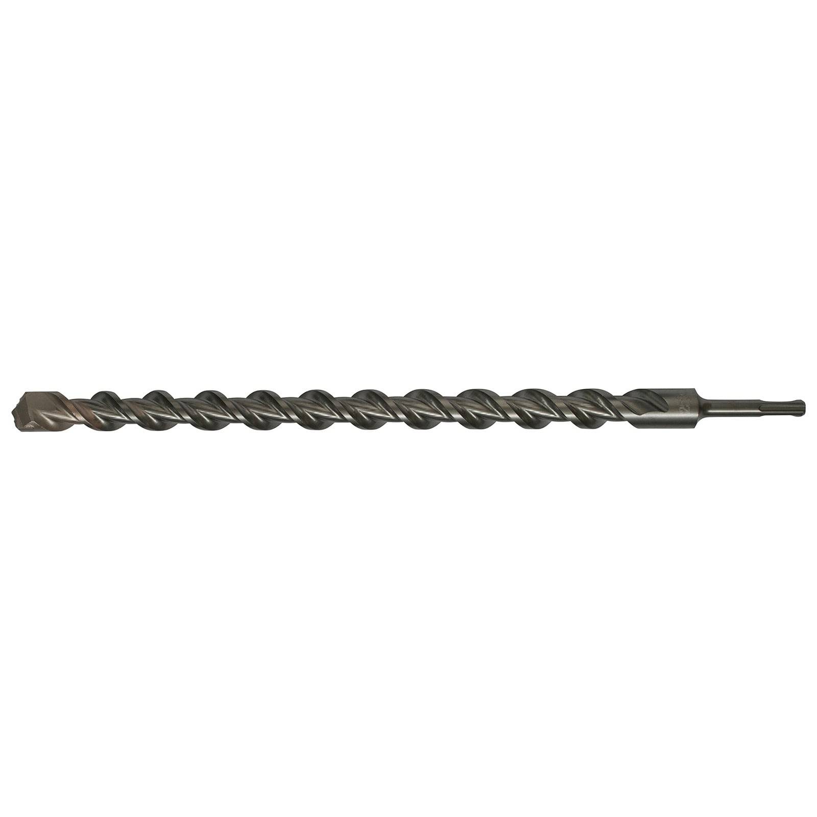 Langer Metallbohrer mit Spiralnuten und kegeliger Spitze, horizontal auf einfachem weißem Hintergrund dargestellt.