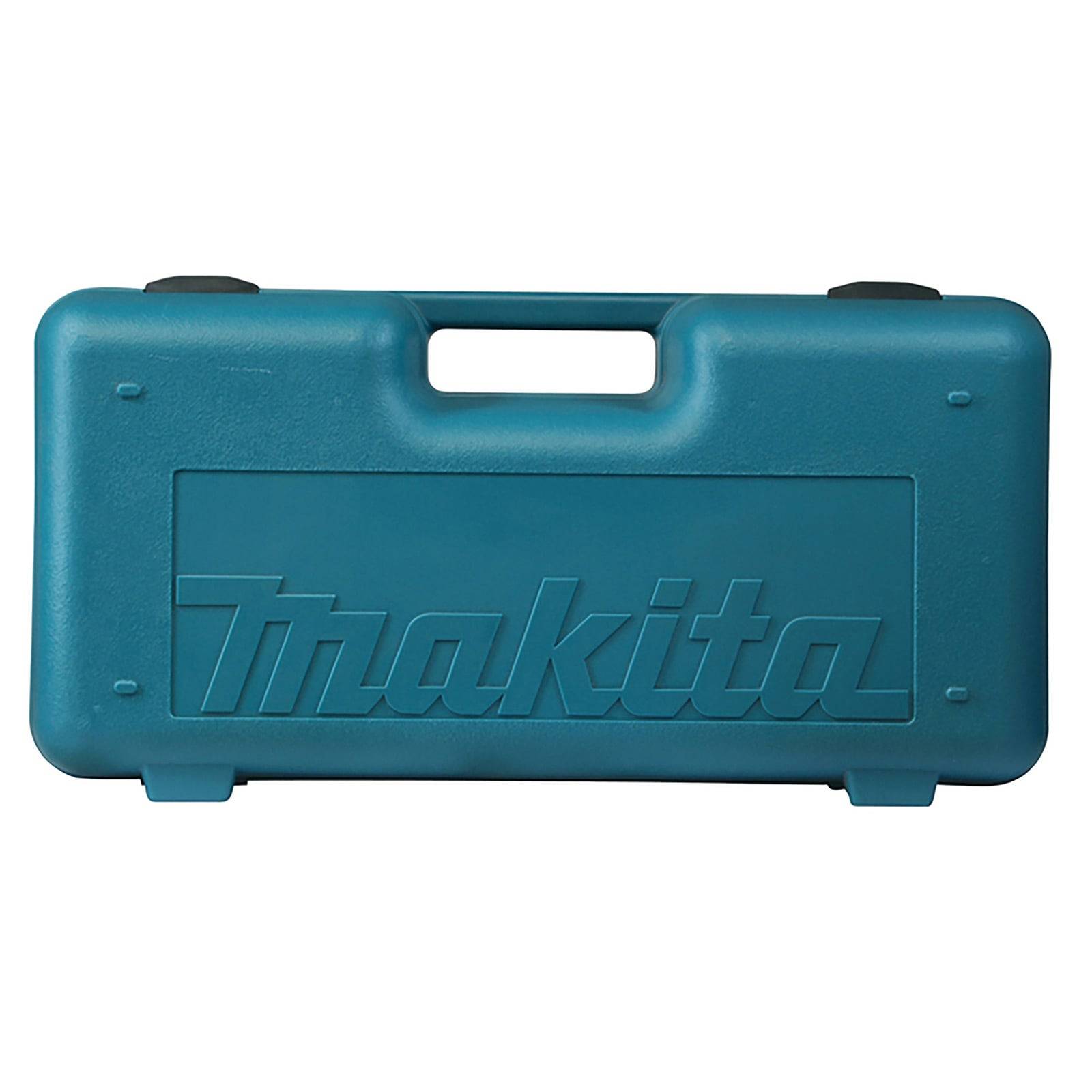 Ein blauer Makita Werkzeugkoffer mit integriertem Griff, auf dessen Vorderseite das Makita-Logo eingeprägt ist.
