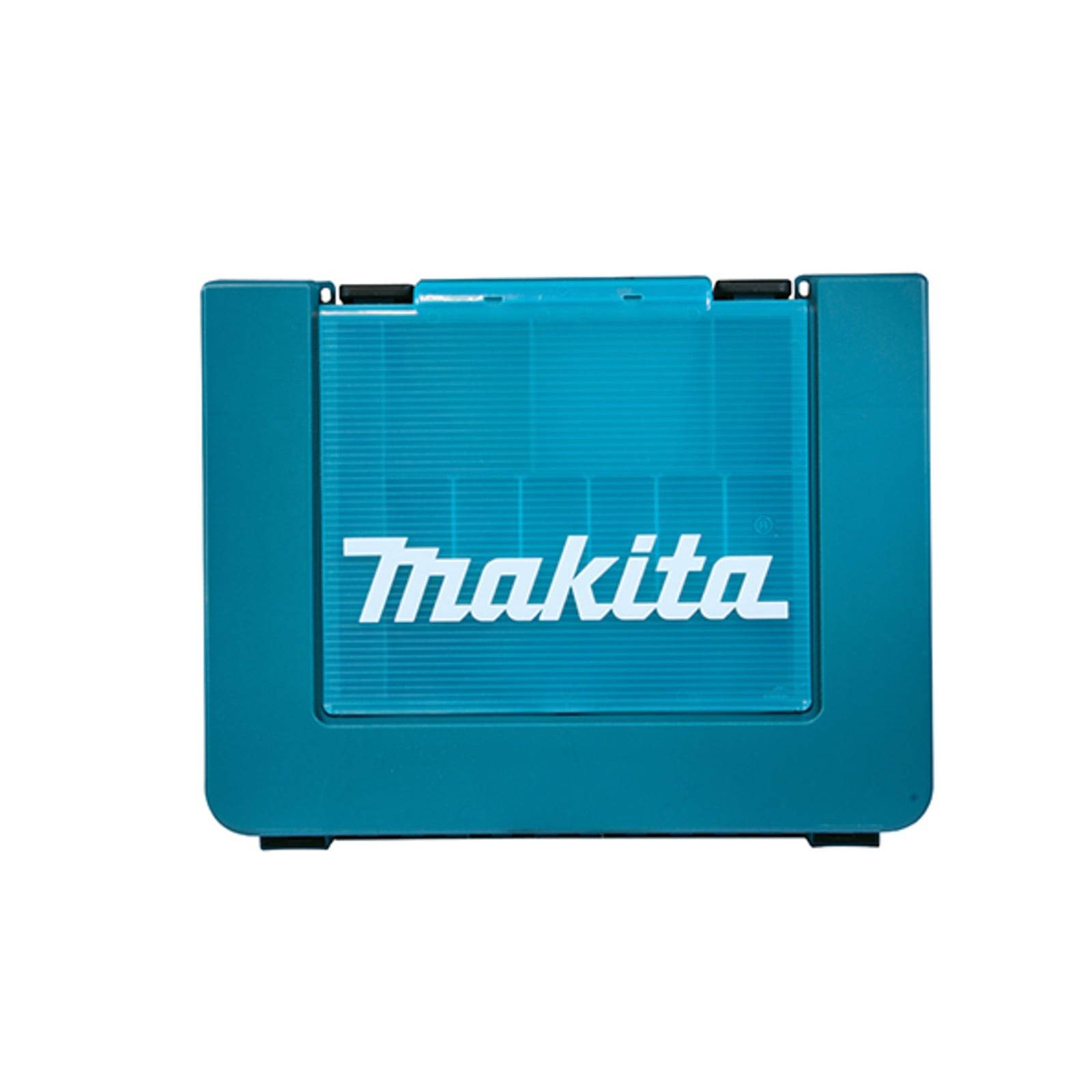 Eine blaue Makita-Werkzeugbox mit transparentem Frontpanel, auf dem deutlich das weiße „Makita