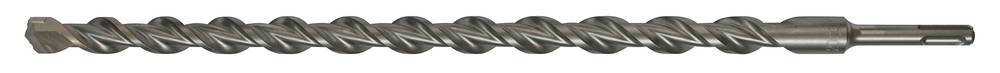 Ein verdrehter Metallbohrer, horizontal auf weißem Hintergrund dargestellt.