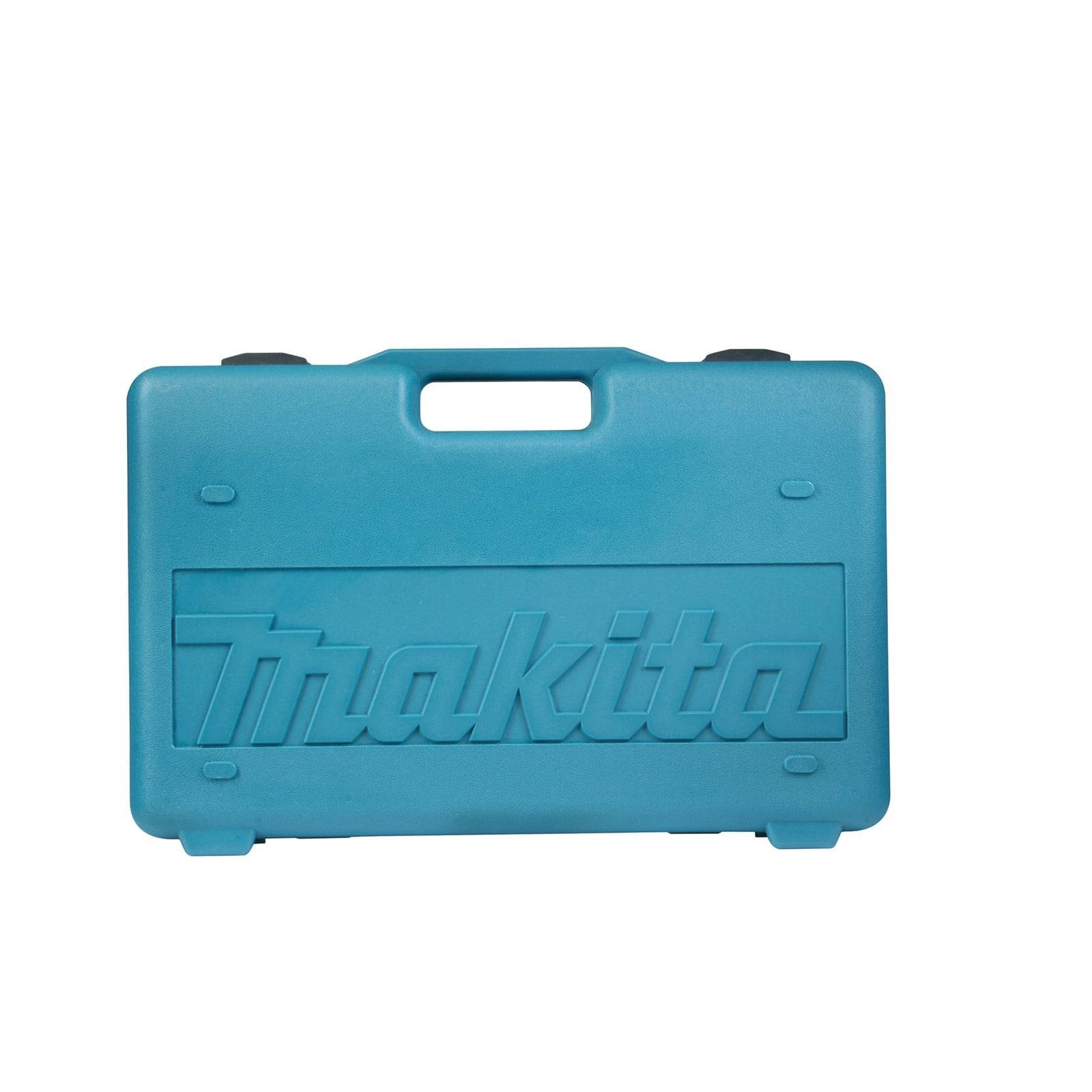 Ein blauer Makita-Werkzeugkoffer mit einem Griff, auf dem das Makita-Logo an der Vorderseite geprägt ist.