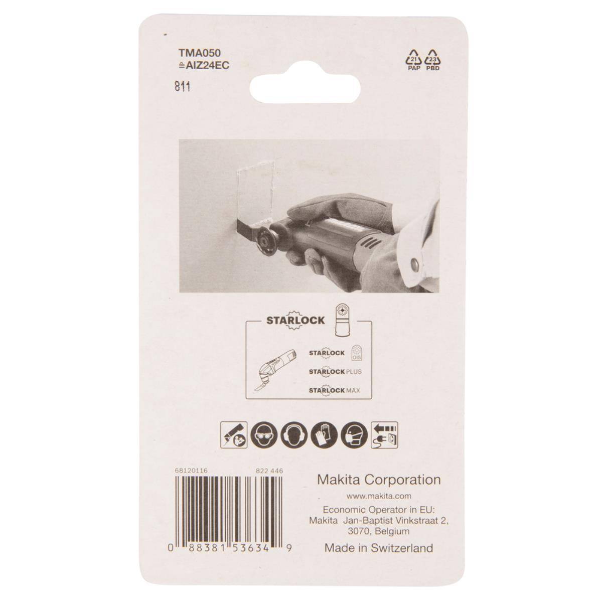 Makita-Verpackung für ein STARLOCK-Oszillationswerkzeugblatt mit einer Hand, die das Blatt verwendet, Kompatibilitätssymbolen, Barcode und Produktdetails.