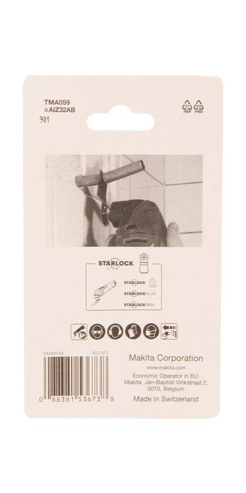 Rückseite einer Produktverpackung der Makita Corporation mit einem Bild der Bohraufsätze, Starlock-Kompatibilitätssymbolen, Barcode und Produktdetails.