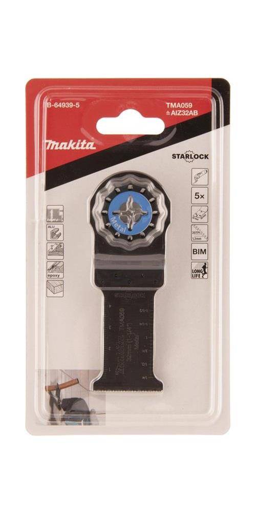 Makita Starlock Oszillations-Multitool-Klinge in Blisterverpackung, zeigt eine schwarze und blaue Metallschneid-Aufsatz mit der Bezeichnung „5x