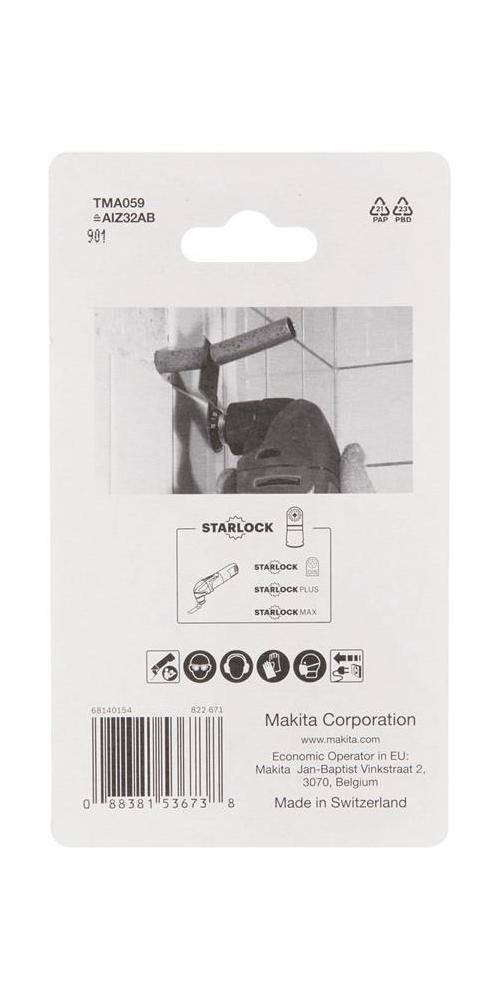 Makita Starlock Zubehörpaket mit einem schwarz-weißen Bild eines Multitool-Blattes, das in Kacheln schneidet, Produktdetails, Barcode und Makita Corporation Branding.