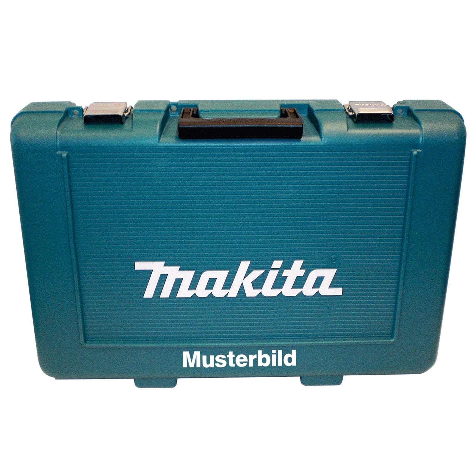 Ein türkisfarbener Makita Werkzeugkoffer mit einem schwarzen Griff und Metallverschlüssen. Unterhalb des Markennamens ist das Wort 