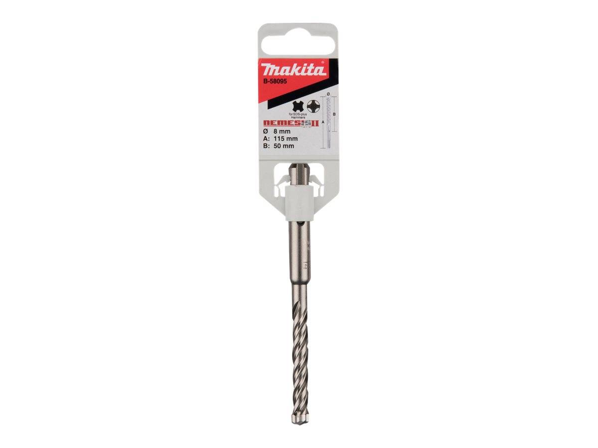 Makita-Verpackung mit einem Metallbohrer mit Sechskantschaft, aufrecht auf weißem Hintergrund dargestellt.