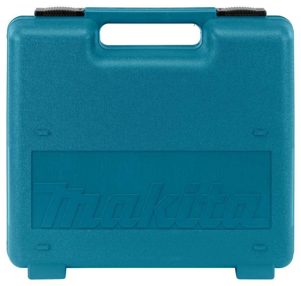 Hellblaue Makita-Kunststofftragebox mit Griff und geprägtem Logo, geschlossen auf weißem Hintergrund dargestellt.