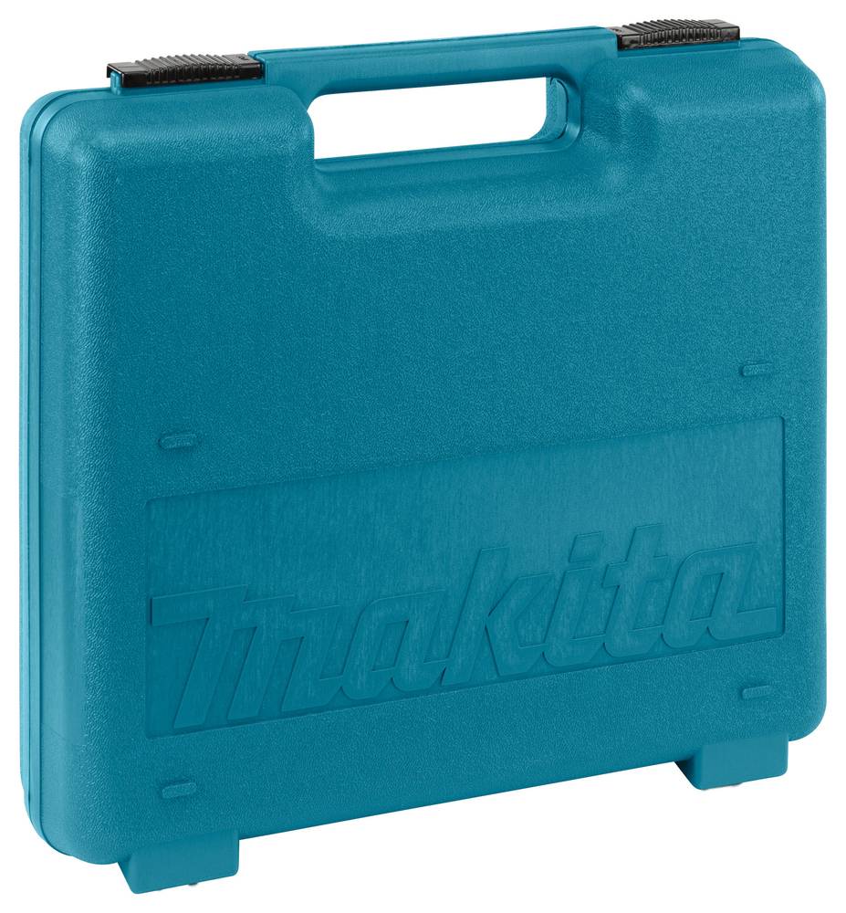 Blaue Hartkunststoff-Transportkiste mit Griff und geprägtem Makita-Logo, geschlossen auf weißem Hintergrund dargestellt.