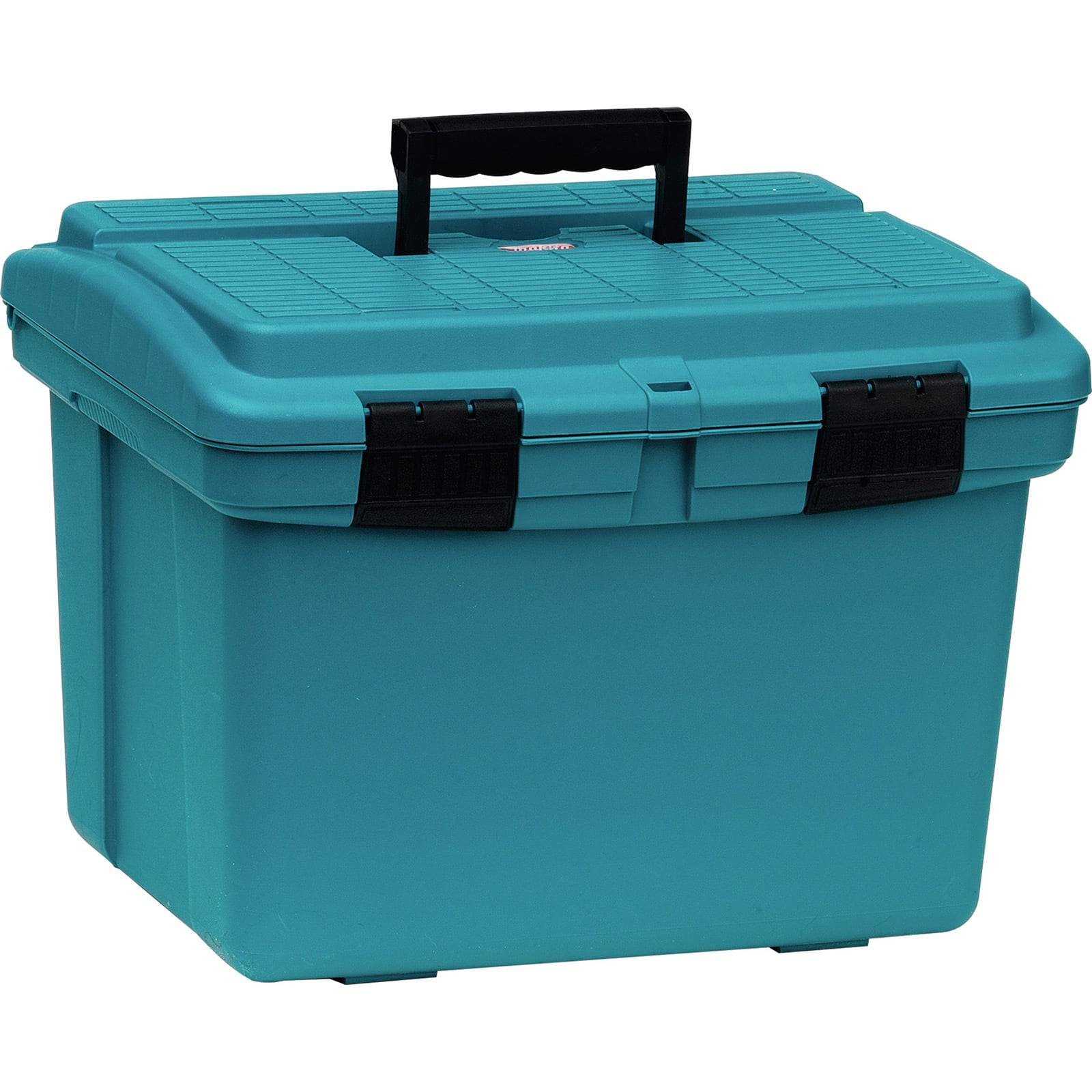 Eine blaue Kunststoff-Werkzeugbox mit einem schwarzen Griff, ausgestattet mit zwei schwarzen Verschlüssen an der Vorderseite für einen sicheren Verschluss.