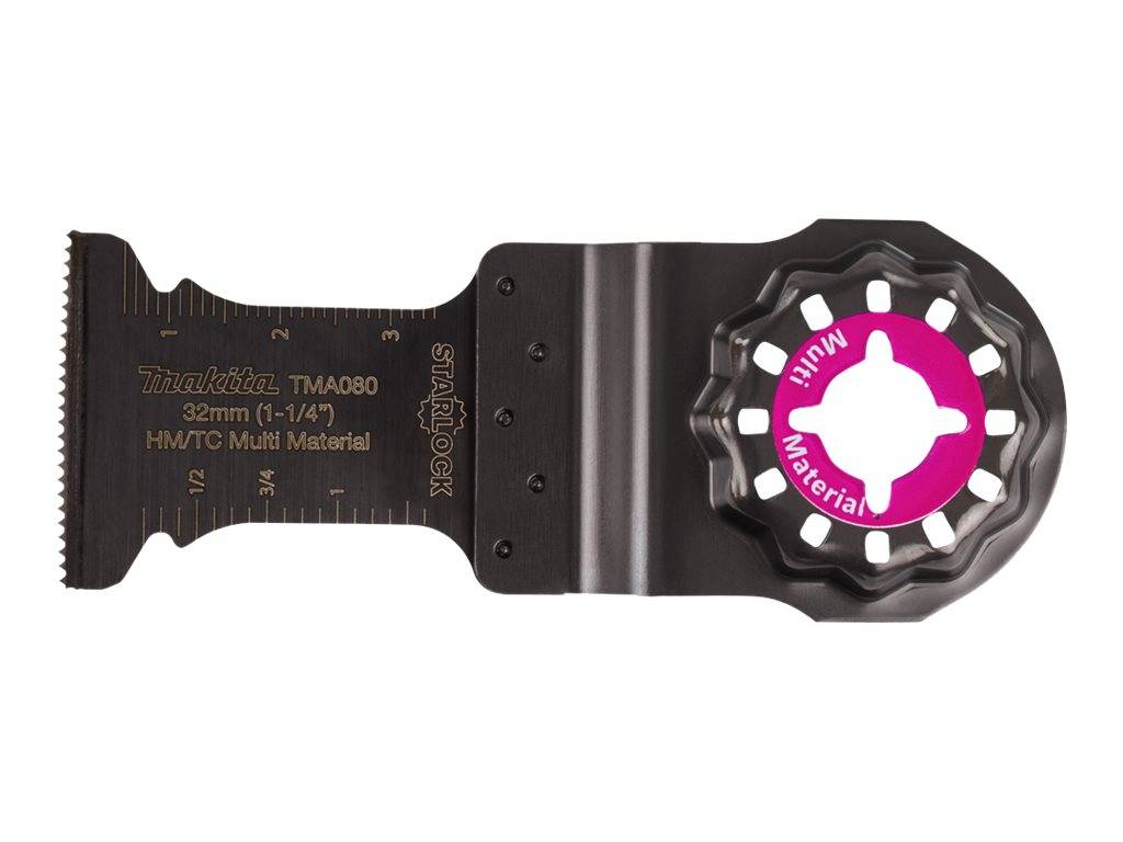 Schwarzes oszillierendes Multitool-Blatt mit breiter flacher Schneidkante, gekennzeichnet mit Makita TMA080 32mm und HMTC Multi Material.