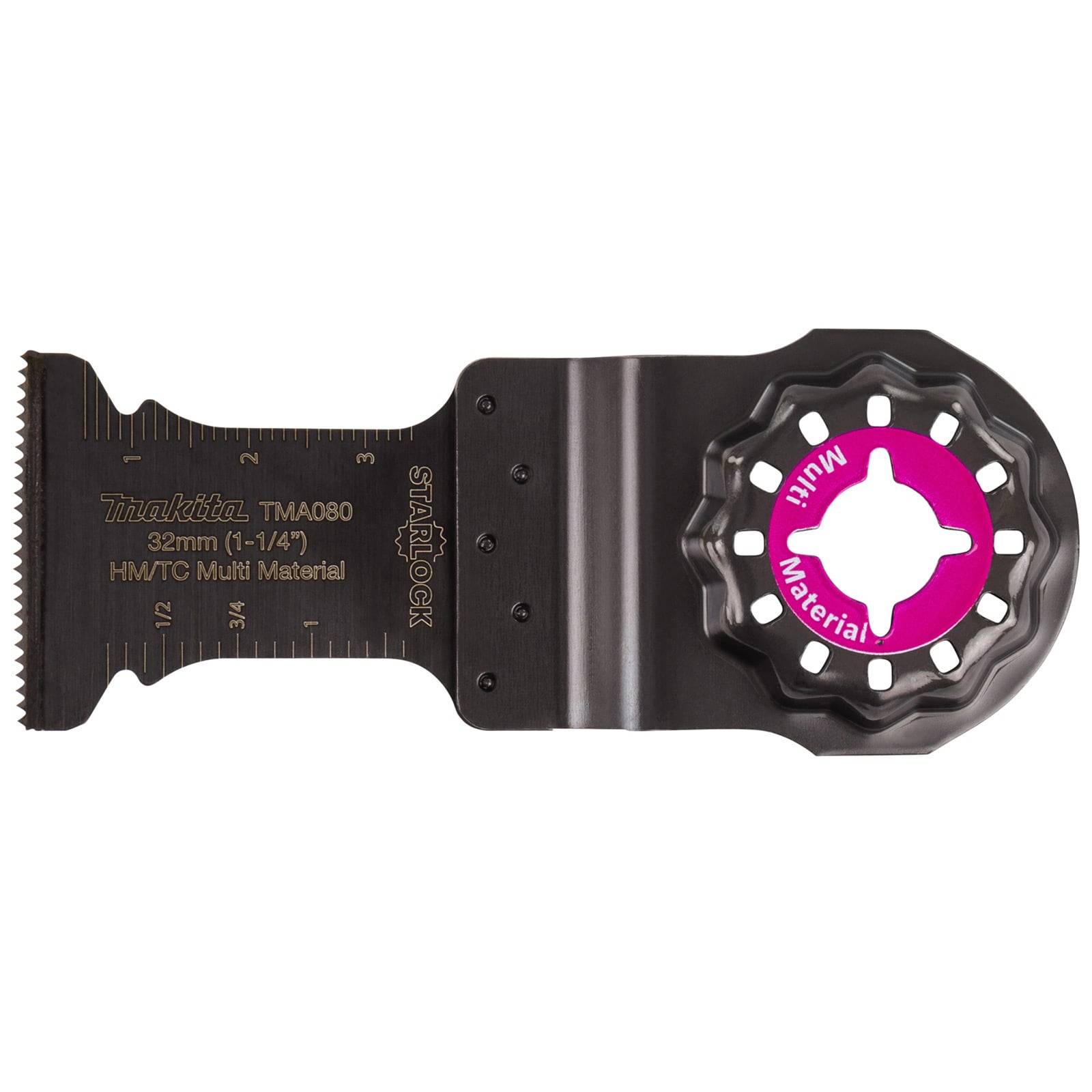 Metall-Oszillierender-Multitool-Sägeblatt mit 'Makita'-Kennzeichnung, 32-mm-Markierung und 'Multi Material'-Beschriftung. Verwendet zum Schneiden verschiedener Materialien.