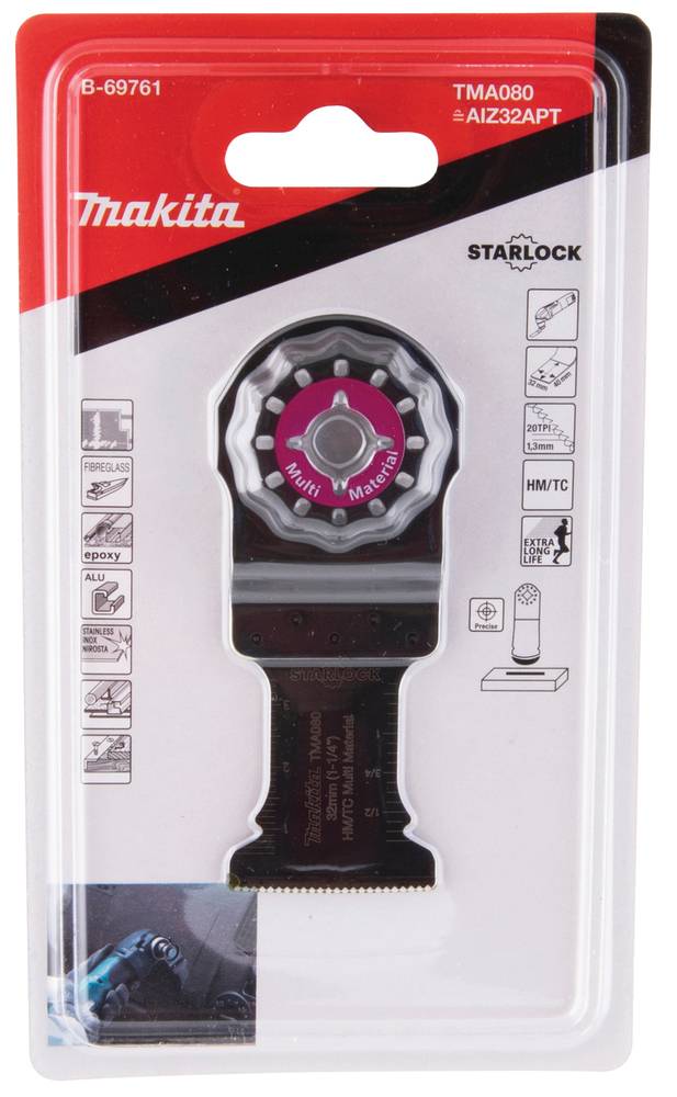 Makita Starlock Oszilliermulti-Tool-Klinge in rot-transparenter Einzelhandelsverpackung, gekennzeichnet mit TMA080 und AIZ32APT.