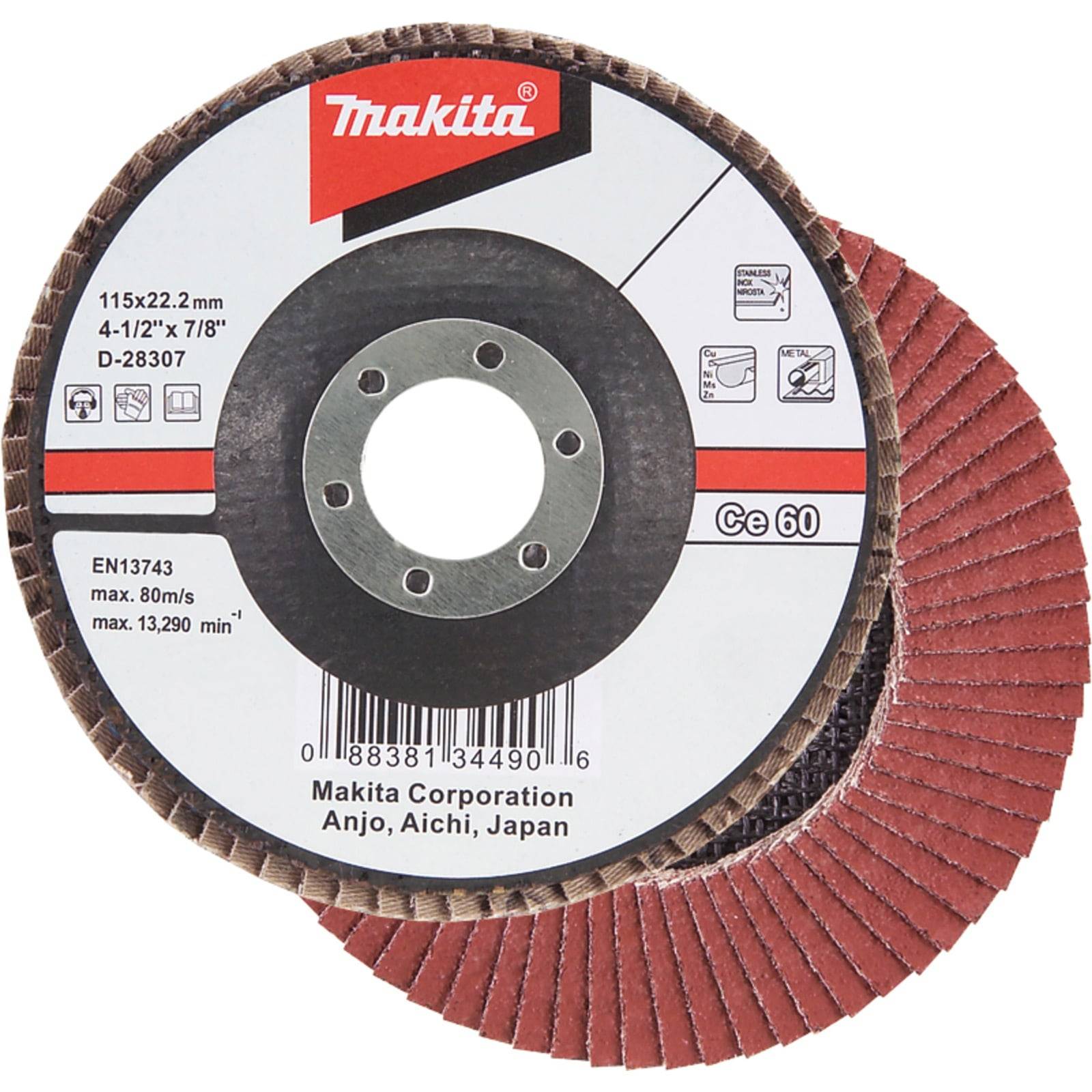 Eine Makita Lamellenscheibe mit der Bezeichnung Ce 60 zum Schleifen, 115x22,2 mm, mit einer maximalen Drehzahl von 13.290 U/min, hergestellt von der Makita Corporation in Anjo, Aichi, Japan.