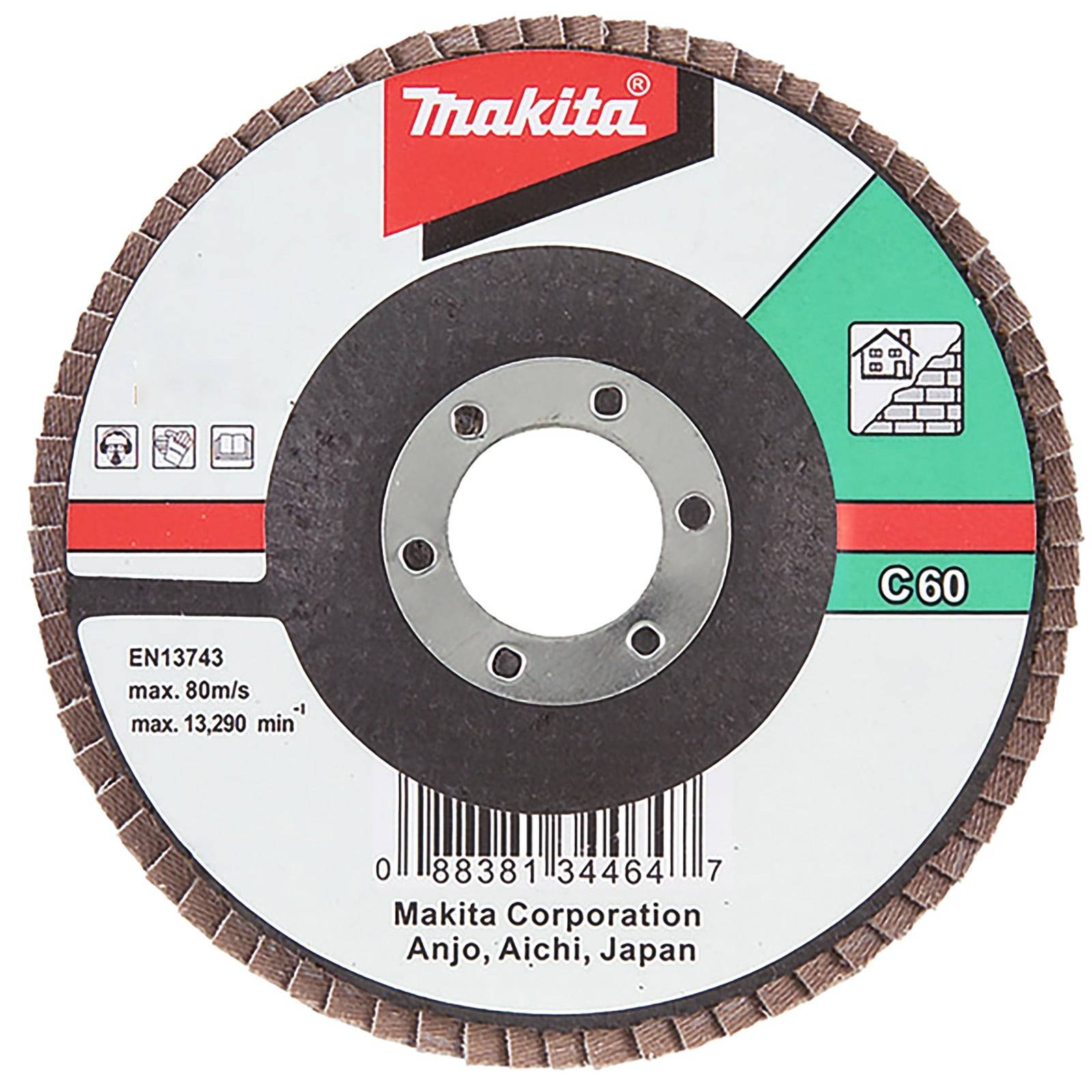 Eine Metalltrennscheibe mit der Bezeichnung 'Makita' und 'C 60', die eine Höchstgeschwindigkeit von 80 m/s und 13.290 min⁻¹ aufweist, hergestellt von der Makita Corporation in Anjo, Japan.