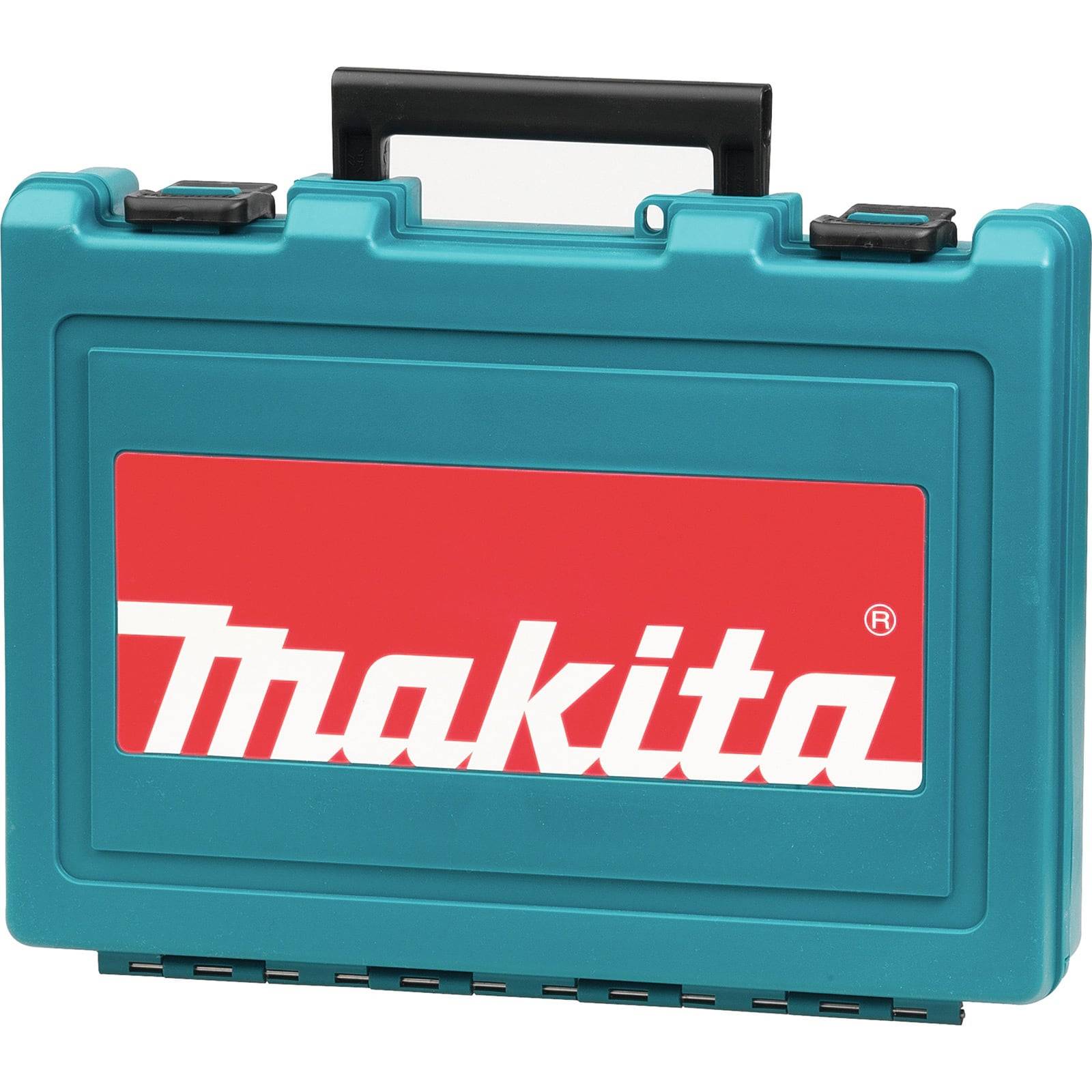 Ein türkisfarbener Makita Werkzeugkoffer mit schwarzem Griff und zwei Verschlüssen. Das rote und weiße Makita-Logo ist prominent auf der Vorderseite platziert.