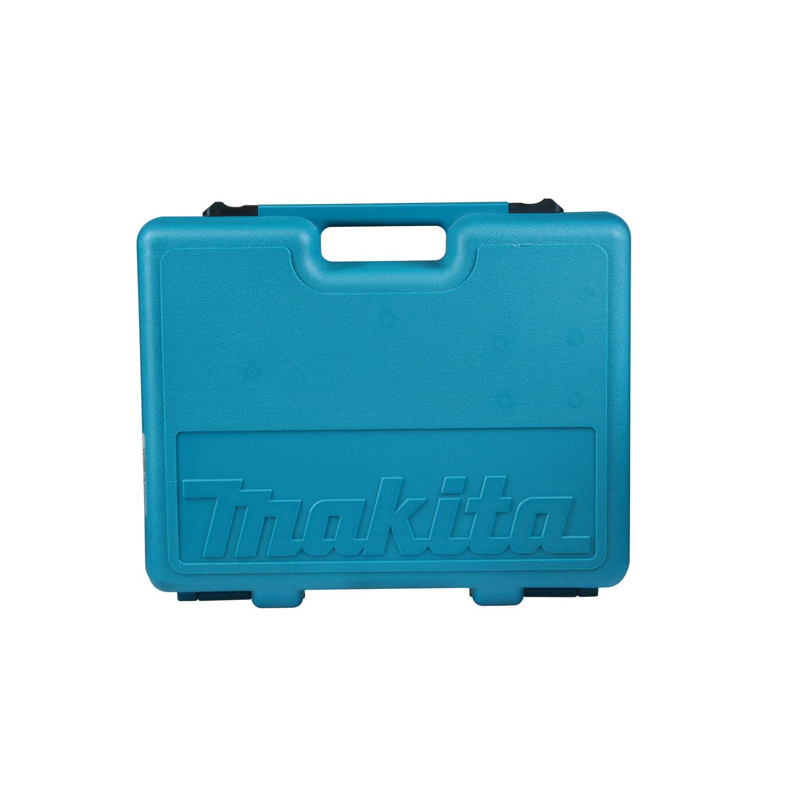 Blauer Kunststoff-Werkzeugkoffer von Makita mit Griff, geschlossen für Transport und Aufbewahrung, mit aufgeprägtem Markenlogo auf der Vorderseite.