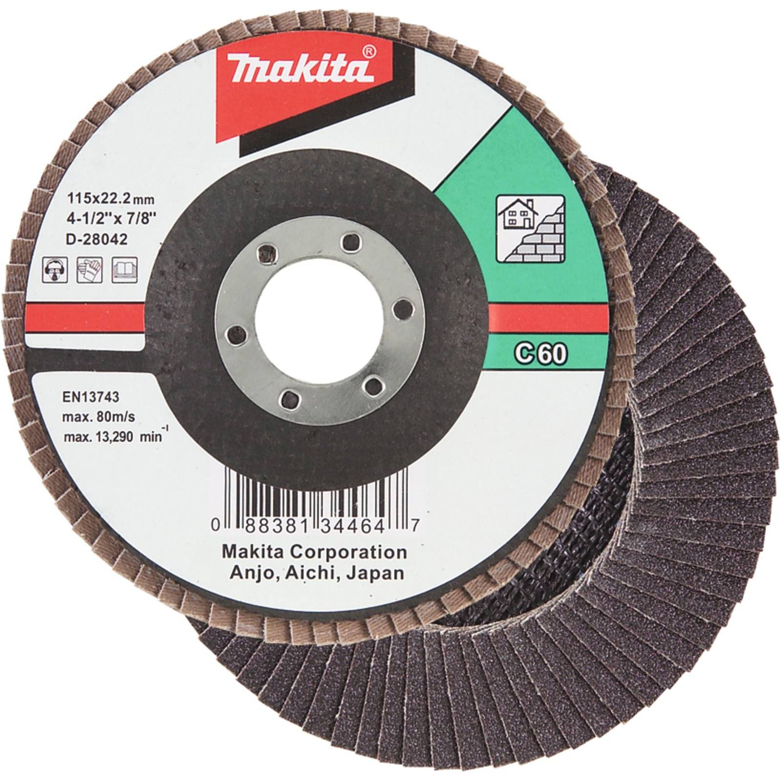 Makita 115x22,2mm C60 Lamellenschleifscheibe zum Schleifen von Metall und Holz, mit Spezifikationen und Sicherheitssymbolen gekennzeichnet, hergestellt in Japan.