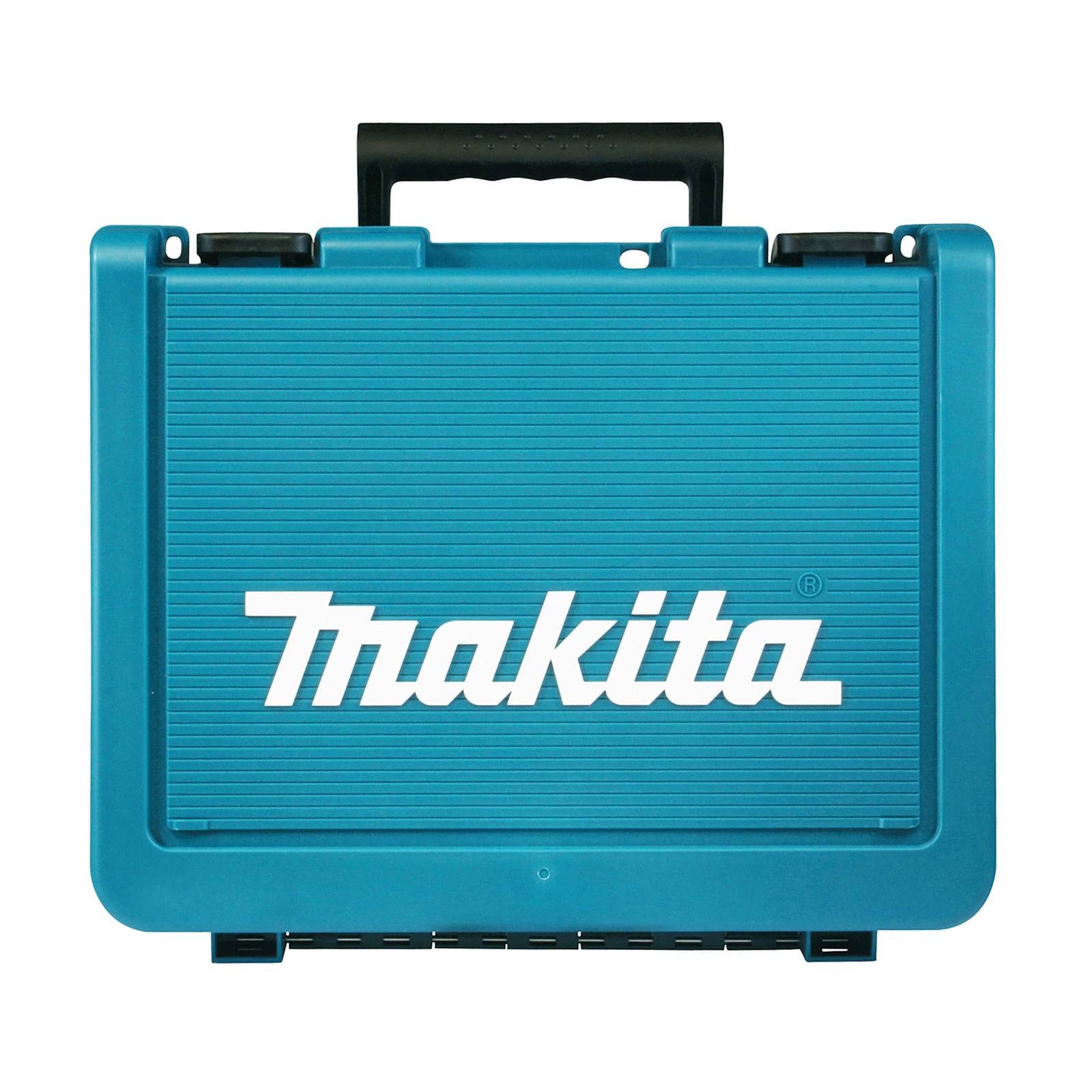 Ein blauer Makita-Werkzeugkoffer mit schwarzem Griff, mit dem Makita-Logo in weißer Schrift auf der Vorderseite.