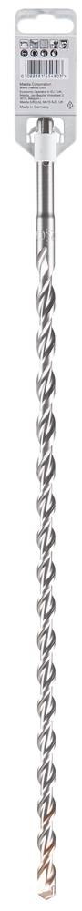 Ein langer Silber-Bohrer mit einem hängenden Einzelhandelsetikett oben, gezeigt auf einem einfachen weißen Hintergrund.