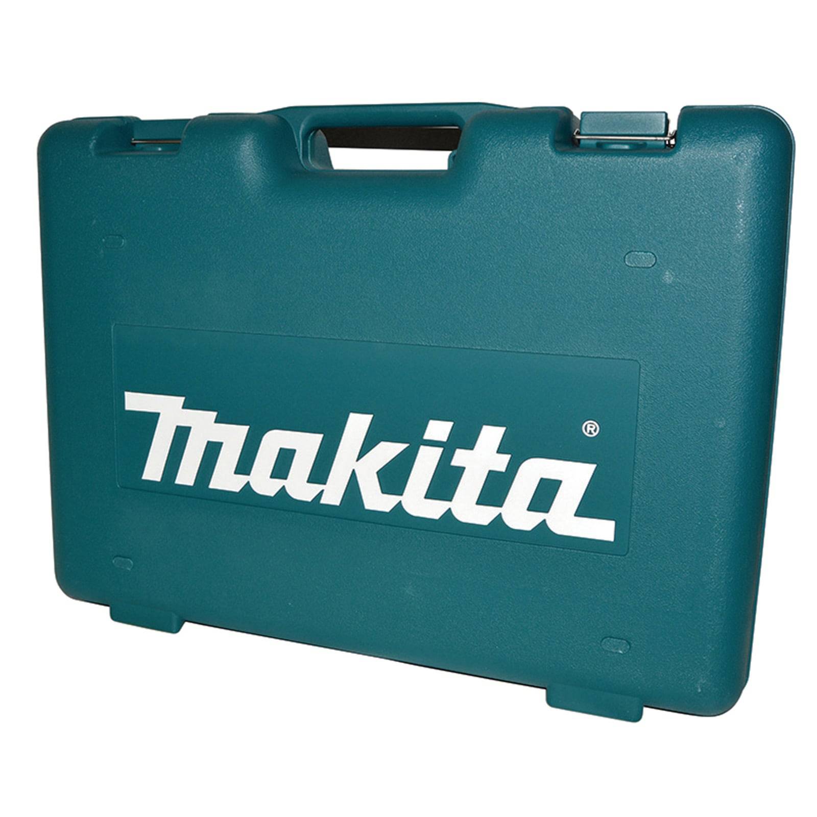 Eine türkisfarbene Makita-Transportbox aus Kunststoff mit Griff.