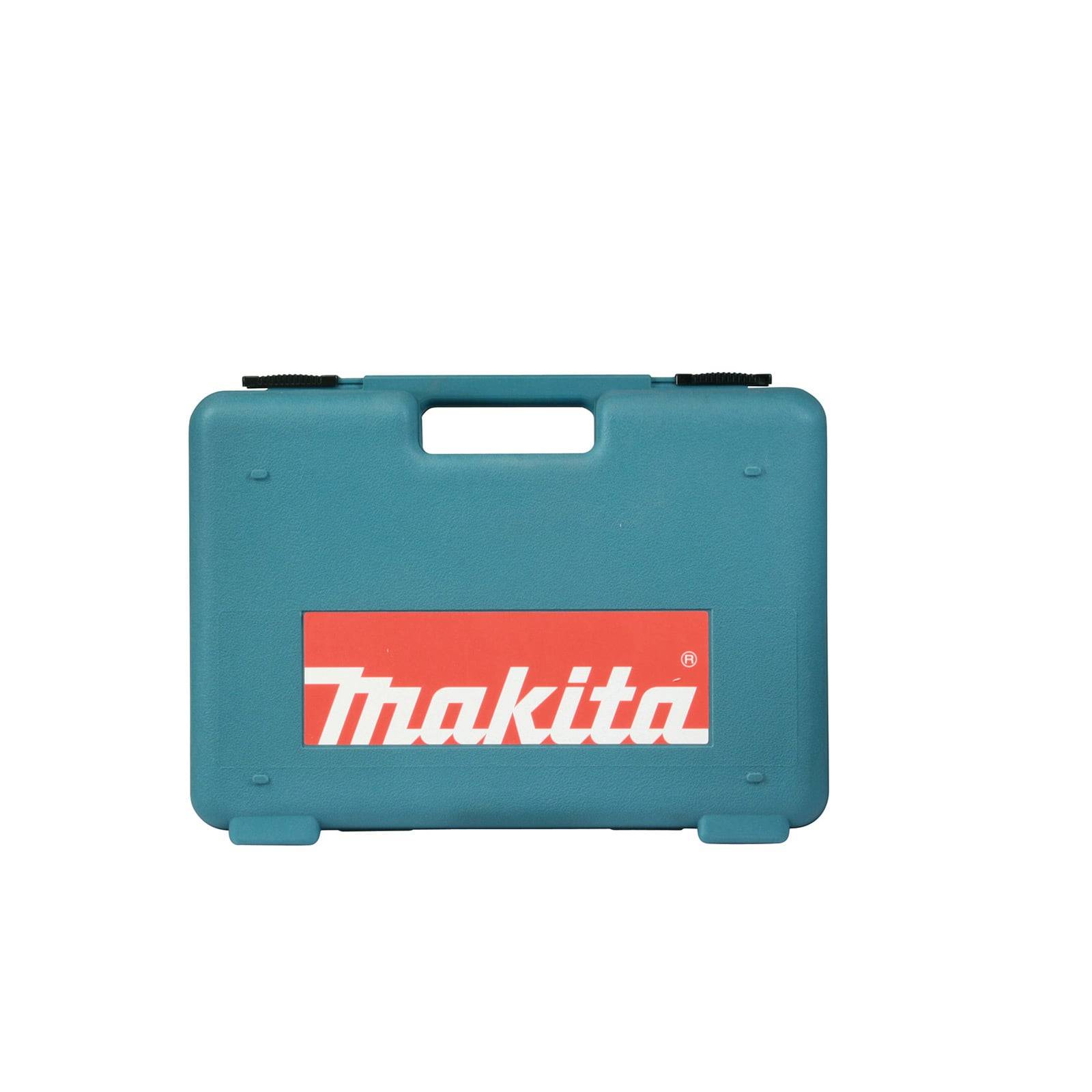 Ein blauer Makita-Werkzeugkoffer mit einem rot-weißen Logo auf der Vorderseite, der zum Aufbewahren und Transportieren von Werkzeugen verwendet wird.