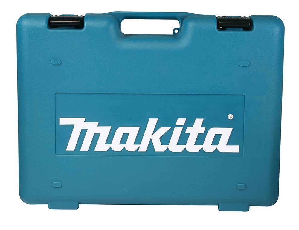 Blauer Makita Hartkunststoff-Werkzeugkasten mit Griff und Verschlüssen, geschlossen auf weißem Hintergrund dargestellt.