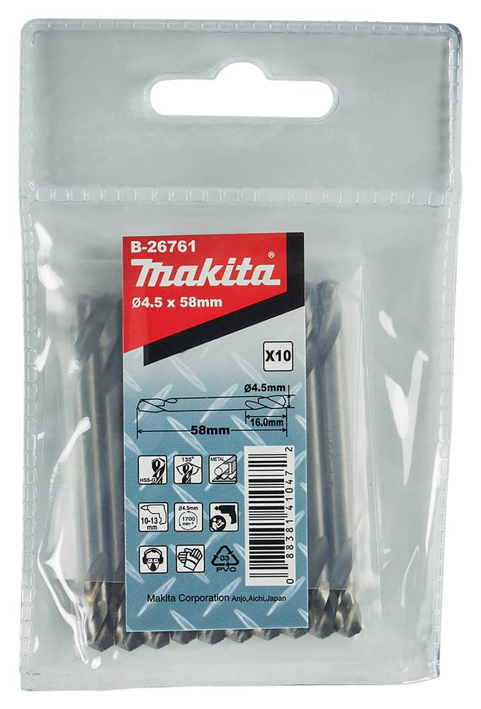 Durchsichtige Kunststoff-Hängetasche mit Makita B-26761 Bohrern 4,5 x 58 mm, 10er-Packung, mit Produktetikett und Barcode.