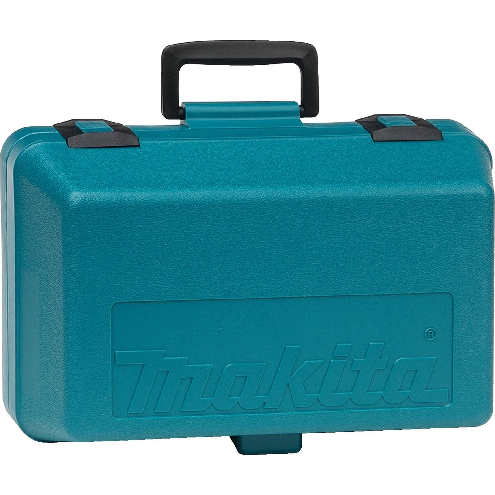 Ein blauer Makita Werkzeugkoffer mit schwarzem Griff und Verschlüssen.