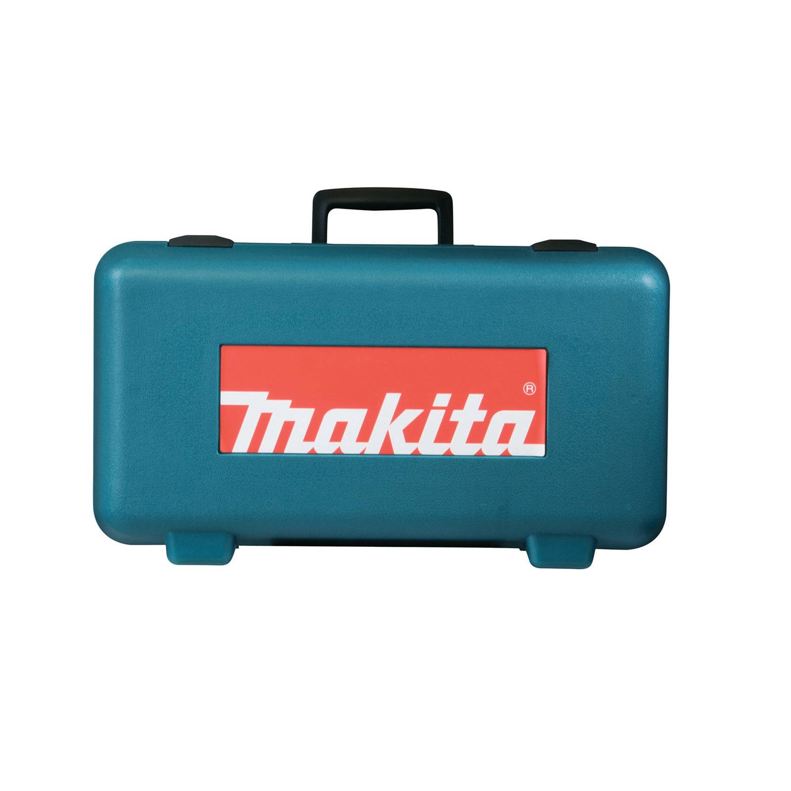Ein türkisfarbener Makita Werkzeugkoffer mit einem schwarzen Griff, auf dem prominent in der Mitte das rote und weiße Makita-Logo prangt.