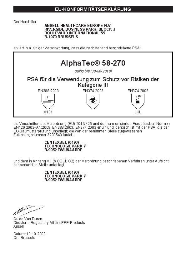 Chemiehandschuh AlphaTec 58-270 Gr.8 grün/grau EN 388,EN 374,EN 1149 Kat.III