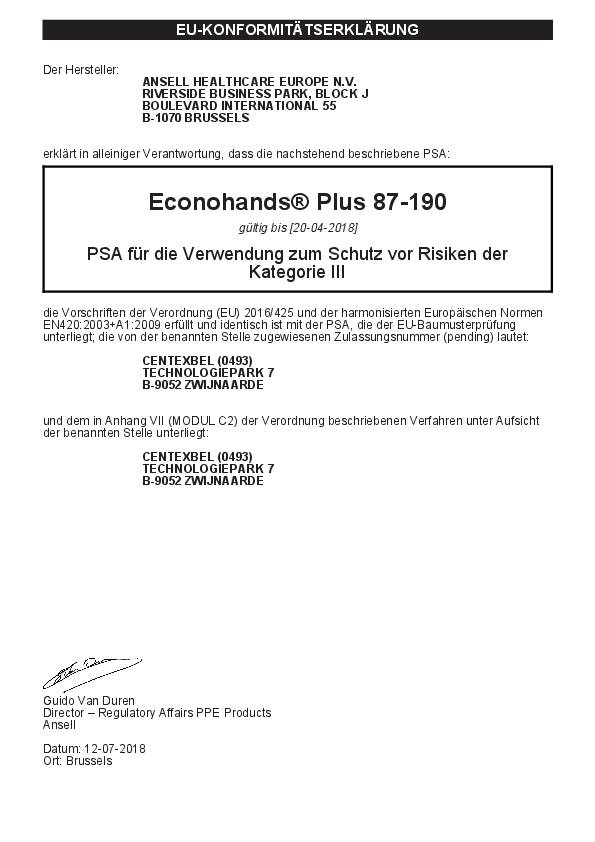 Chemiehandschuh AlphaTec 87-190 Gr.9,5-10 gelb PSA III ANSELL