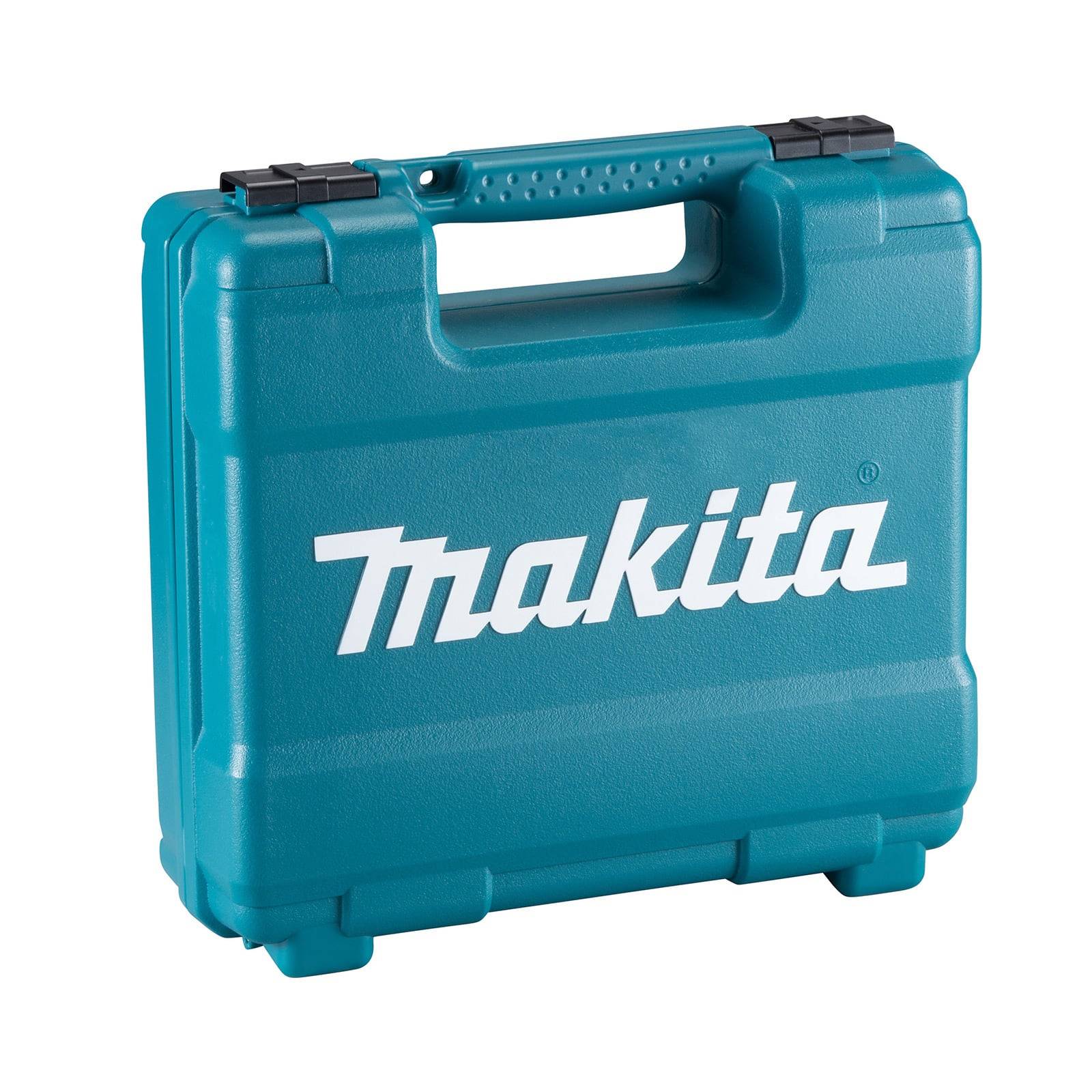Eine türkisfarbene Kunststoff-Transportbox mit der Aufschrift 'Makita' in Weiß an der Seite. Sie verfügt über einen Griff oben und ist speziell für den Transport von Werkzeugen konzipiert.
