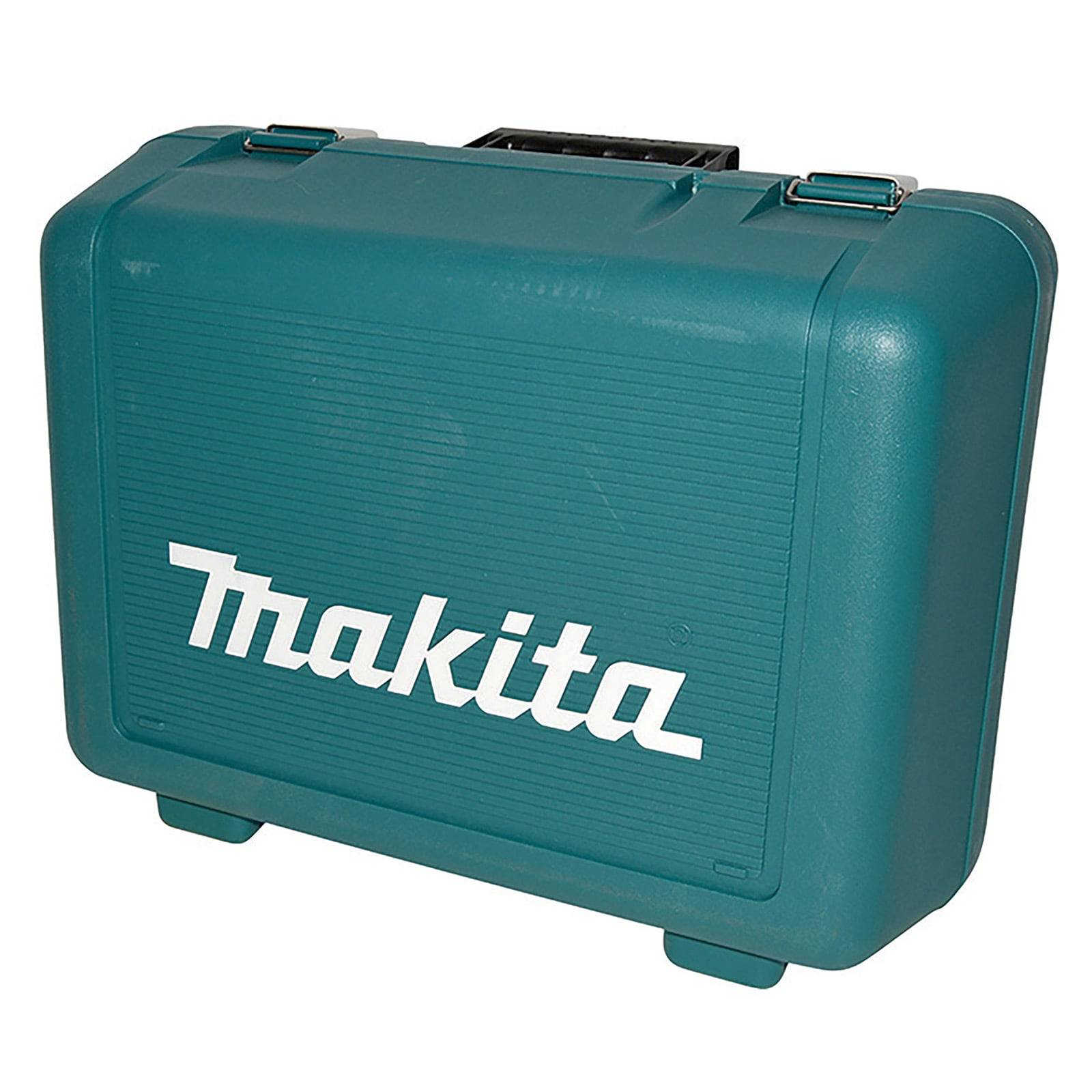 Eine petrolblaue Makita-Werkzeugbox mit einem schwarzen Griff und dem Markennamen in weißer Schrift auf der Vorderseite.