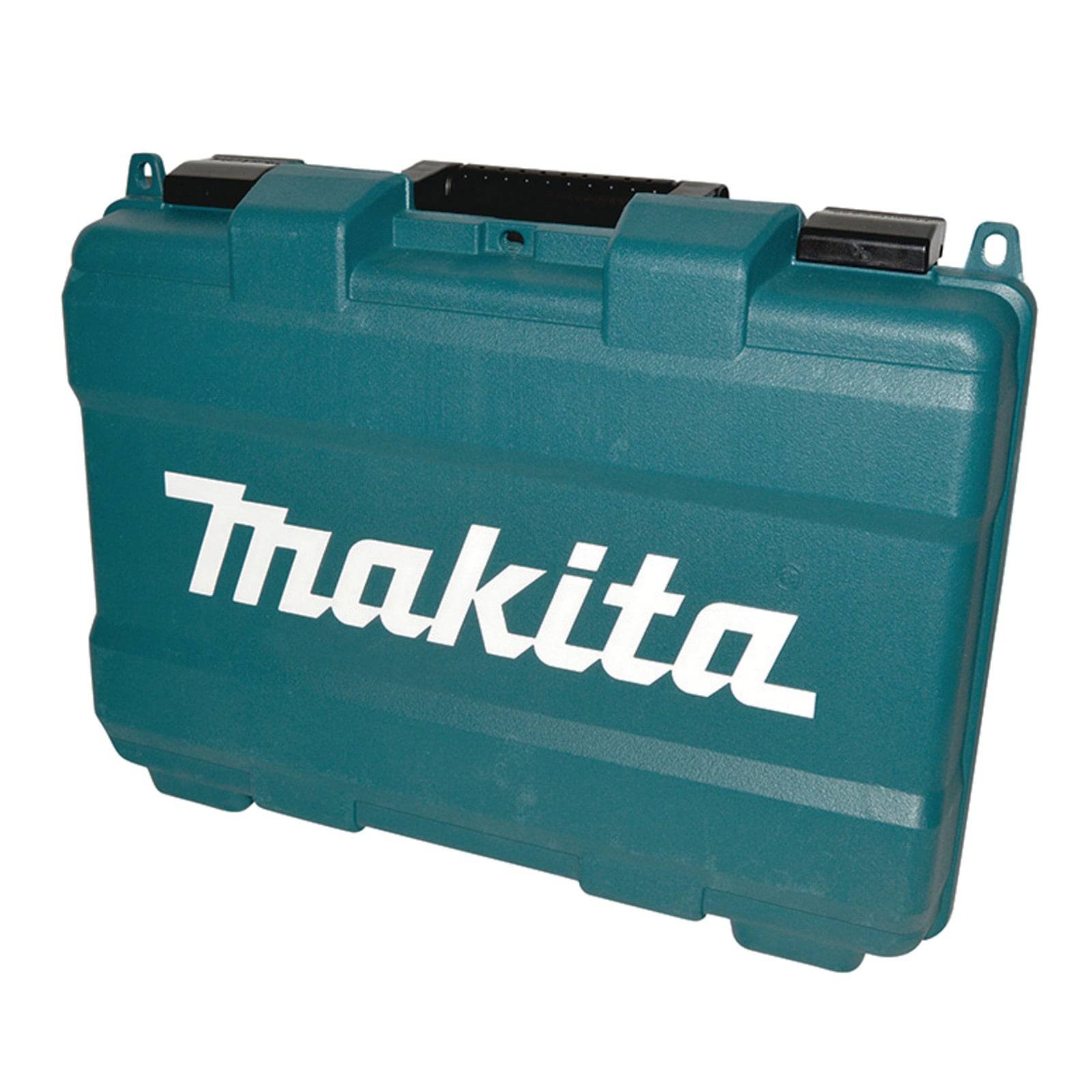 Eine petrolblaue Kunststoff-Werkzeugbox mit dem weißen 'Makita'-Logo, ausgestattet mit einem stabilen Griff und zwei Verschlussklammern für einen sicheren Verschluss.