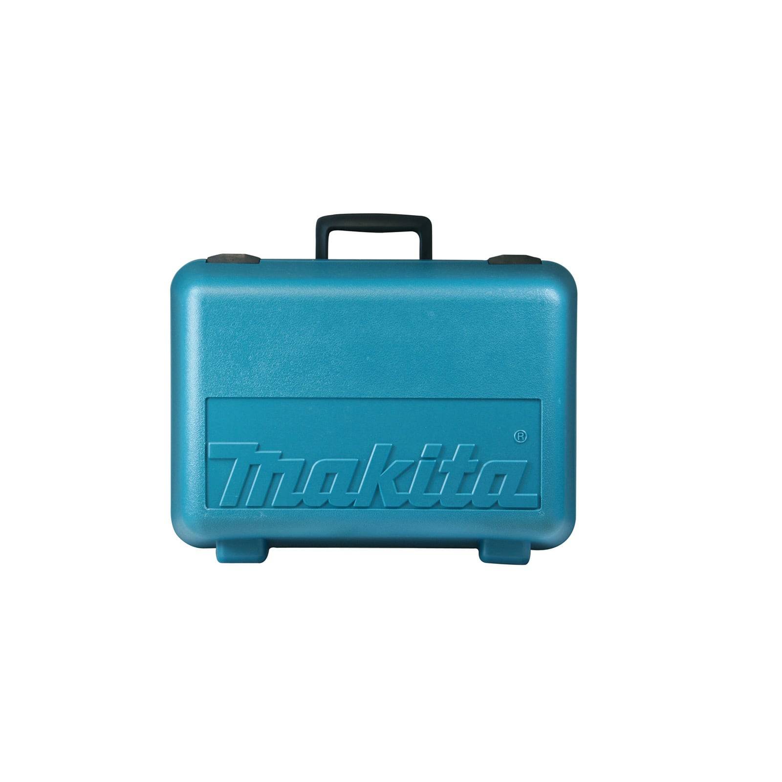 Ein blauer Makita Werkzeugkoffer mit Griff, konzipiert zum Tragen und Schützen von Elektrowerkzeugen, mit dem Makita-Logo auf der Vorderseite.