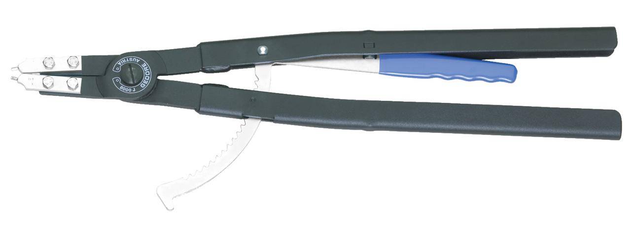 Nahaufnahme eines metallischen Werkzeugs mit einem gezähnten Greifbacken und einem blauen Griff, das für präzise Schneid- oder Greifaufgaben konzipiert ist.